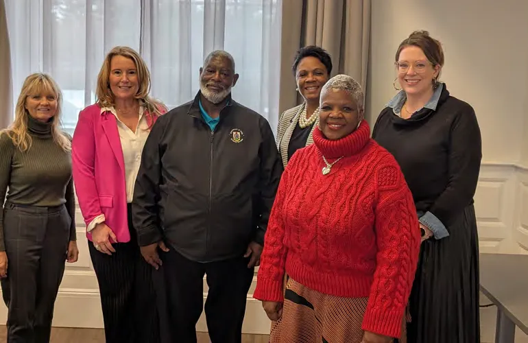 From left, Cushing National Director of Marketing and Program Development Sarah Norfleet, Cushing President and CEO Michelle Markowitz, Bermuda Child and Family Services Director Alfred Maybury, Bermuda Public Schools Commissioner of Education Kalmar Richards, Bermuda Public Schools Assistant Director of Student Services Lisa Swan and Cushing Vice President of Student Services Meghan Campia enjoyed a visit together at Cushing.