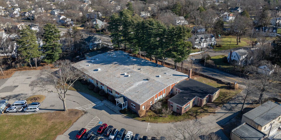 Drone/aerial view of St. Coletta Day School in winter